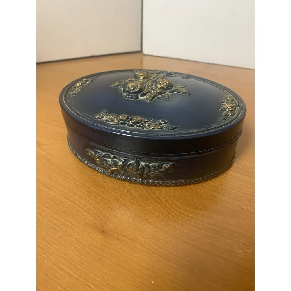 Vintage Navy Trinket Box Gold  3D Roses Wood 6”x5”